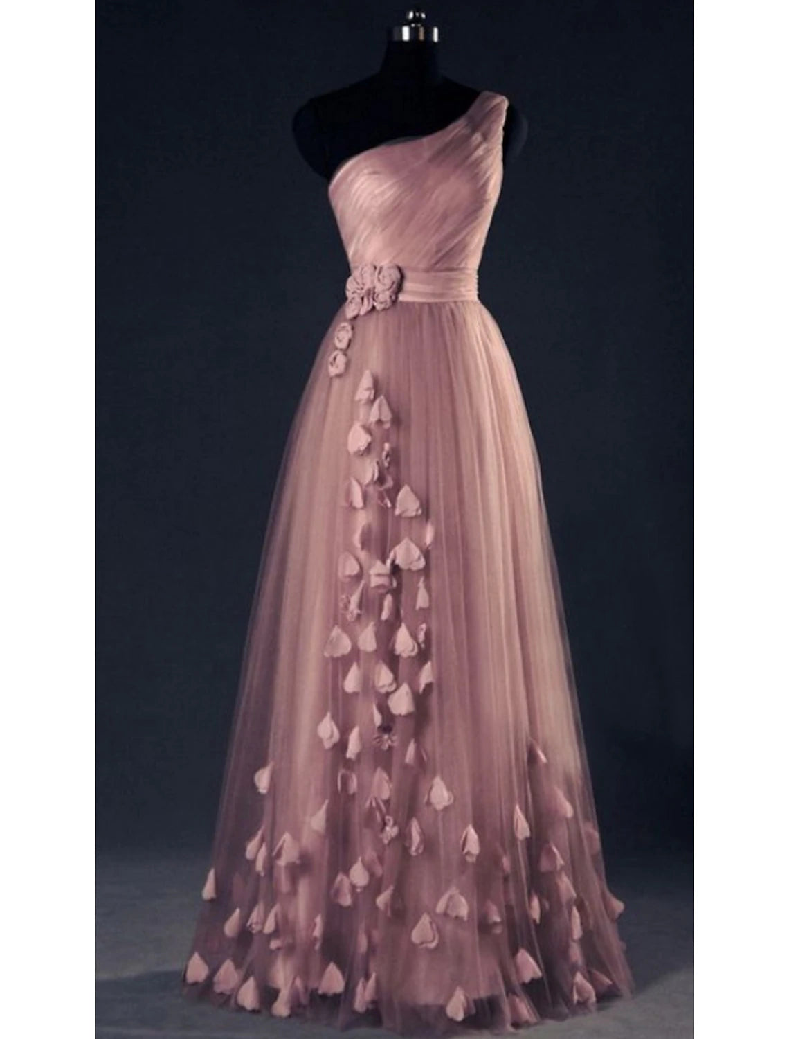A-Line Prom Dresses Floral Dress Wedding Guest Prom Floor Length Sleeveless One Shoulder Tulle