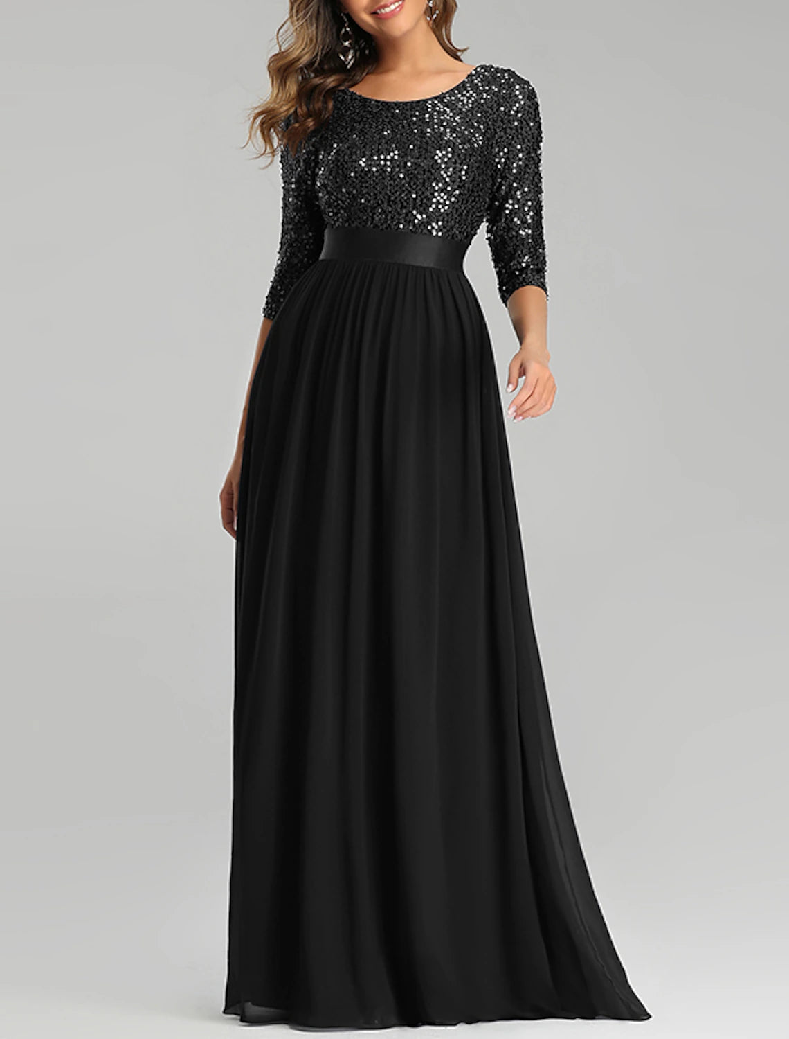 A-Line Mother of the Bride Dress Wedding Guest Plus Size Elegant Jewel Neck Floor Length Tulle Sequined 3/4 Length Sleeve