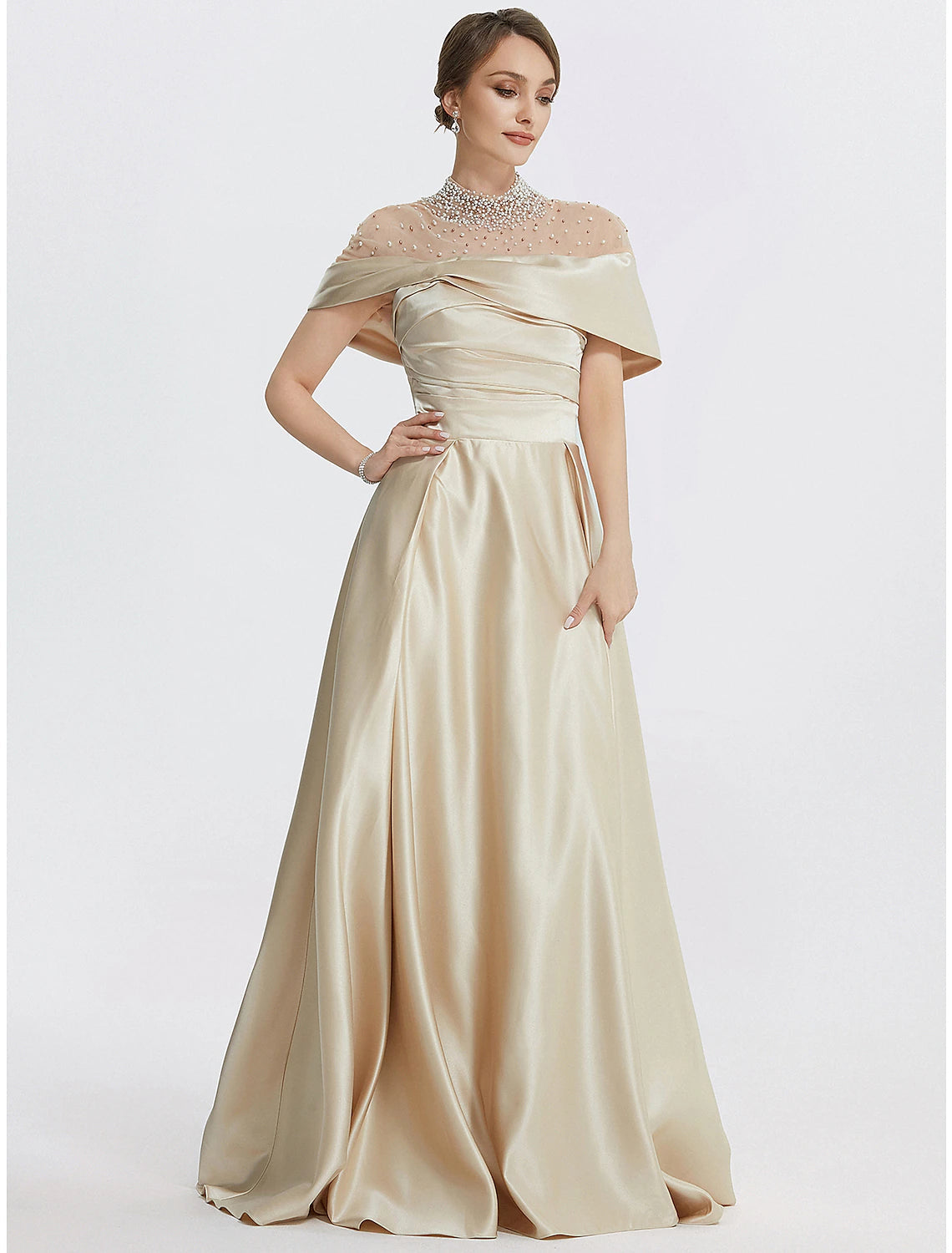A-Line Evening Gown Elegant Dress Formal Prom Floor Length Sleeveless High Neck Italy Satin with Ruched