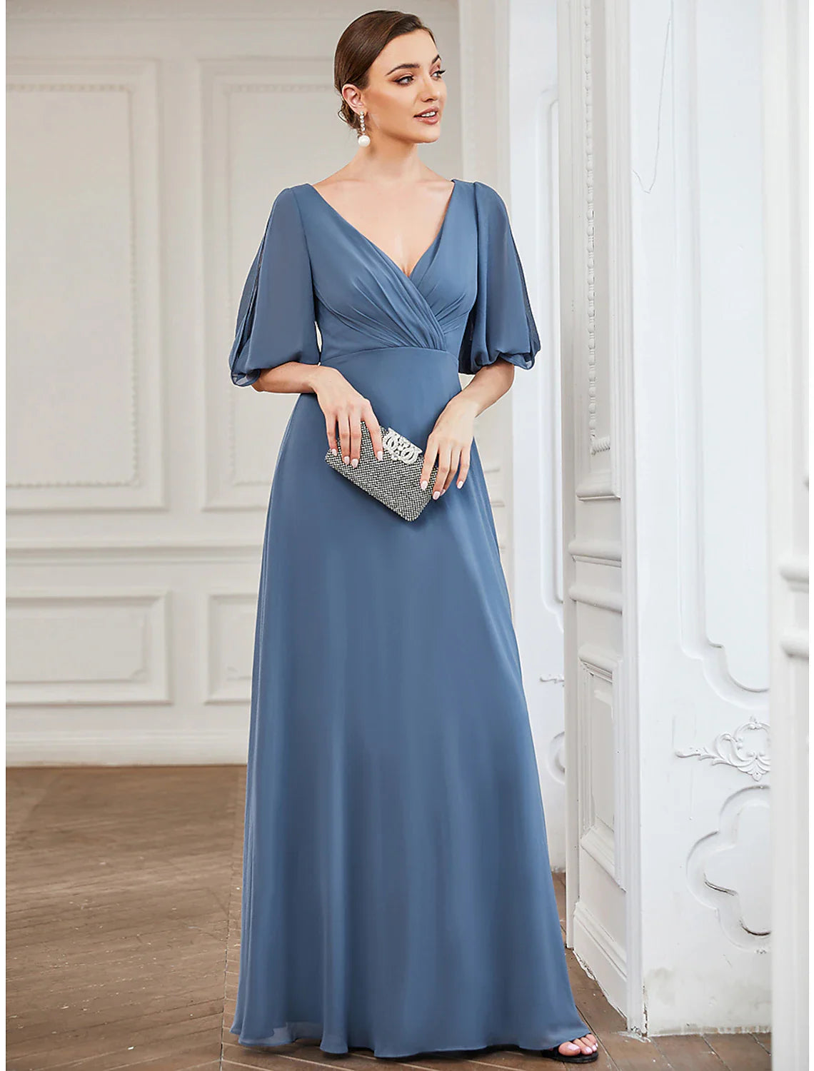 A-Line Evening Gown Minimalist Dress Wedding Guest Prom Floor Length Half Sleeve V Neck Chiffon