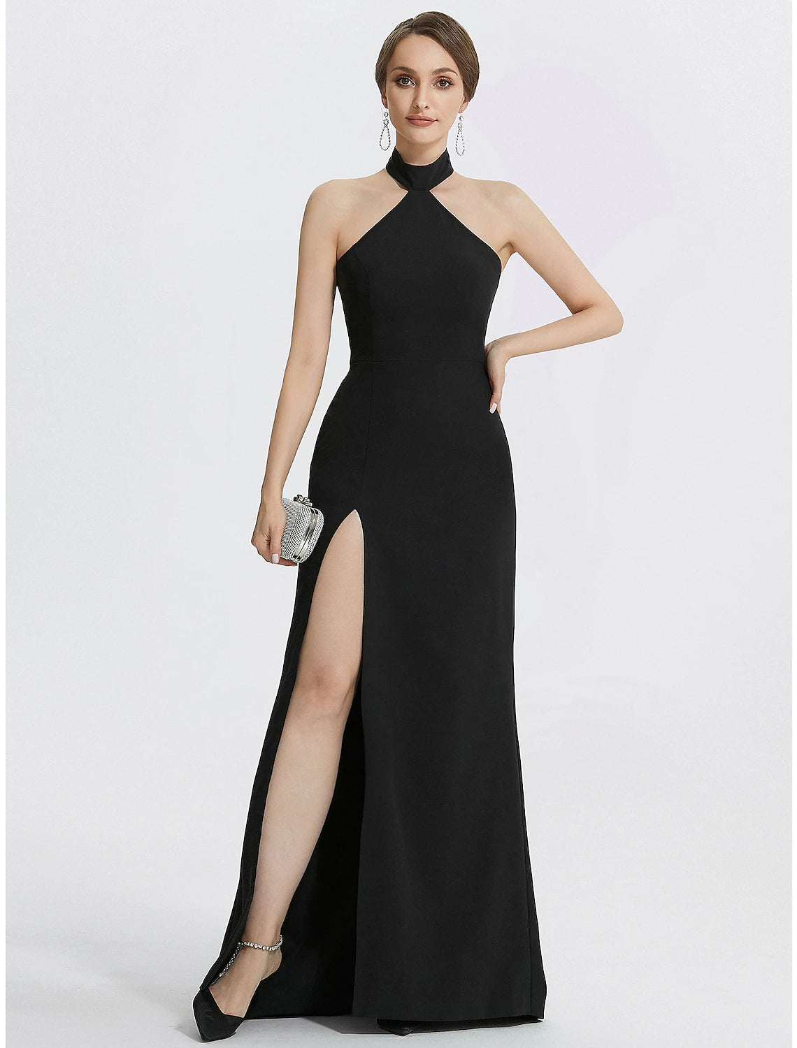 Sheath / Column Evening Gown Black Dress Dress Wedding Guest Prom Floor Length Sleeveless Halter Neck Stretch Fabric