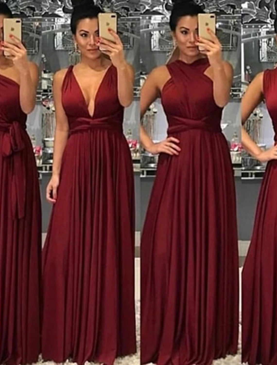 A-Line Bridesmaid Dress V Neck Sleeveless Convertible Floor Length Spandex with Sash / Ribbon