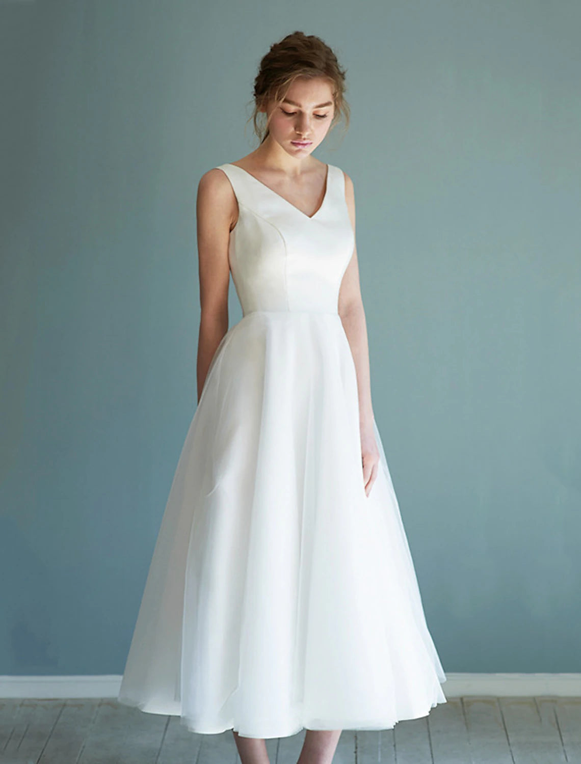 Reception Little White Dresses Wedding Dresses A-Line V Neck Sleeveless Tea Length Satin Bridal Gowns