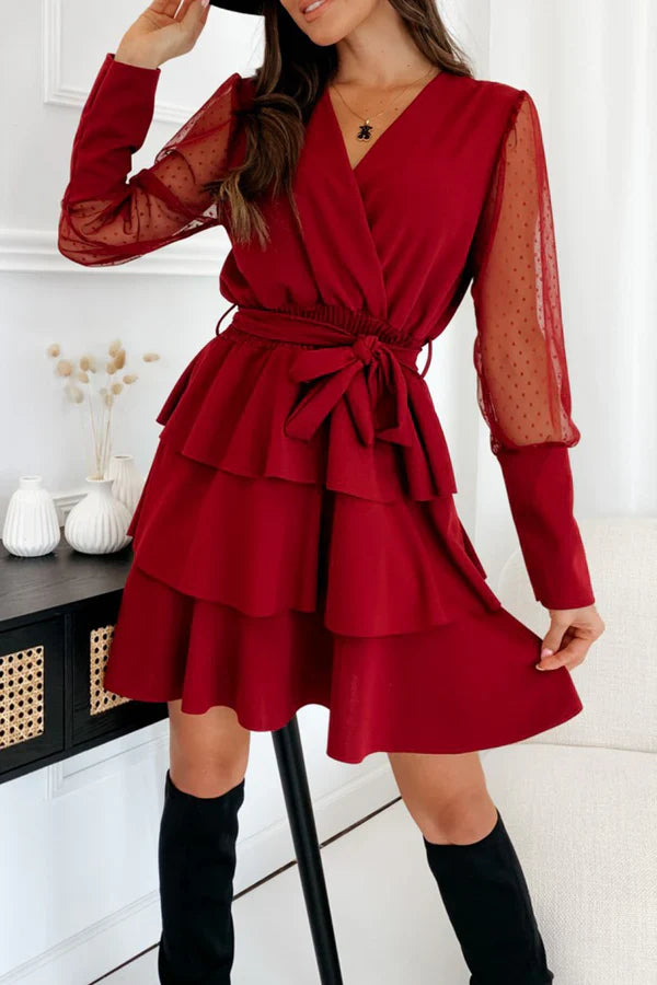 Casual solid color mesh V-neck cake dress evening dress Party Dress