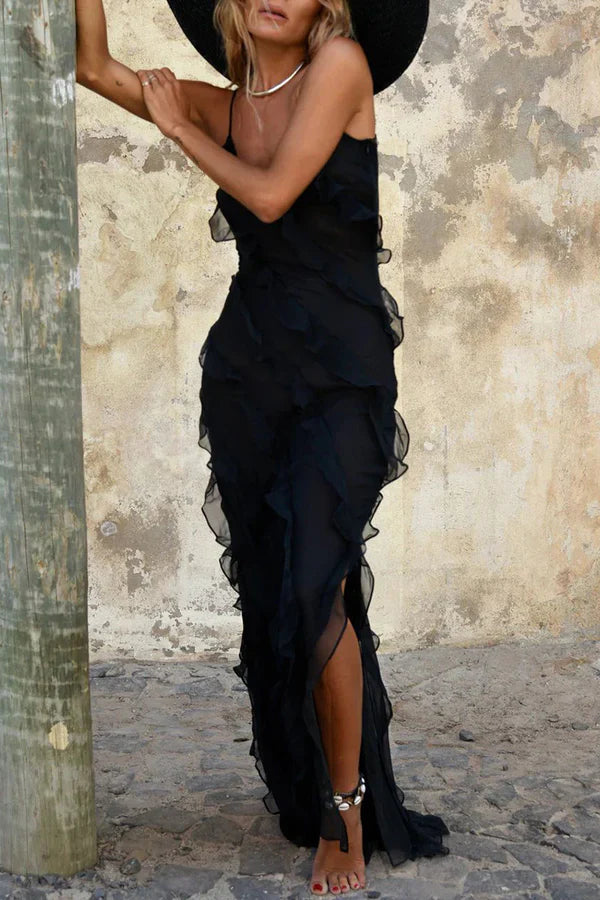 Sexy solid color ruffled edge slit V-neck strap for evening dressing Floor Length