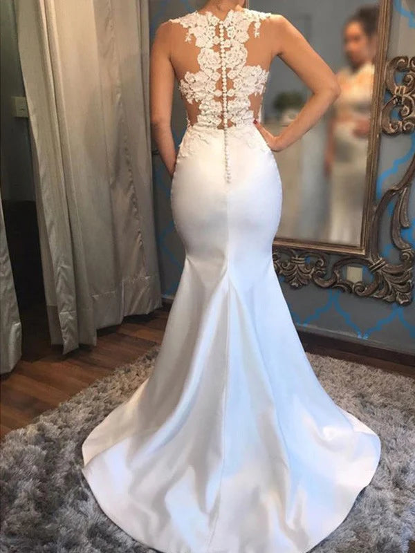 Fishtail Sleeveless Low Round Neck Palace Train Applique Satin Wedding Dress Beautiful