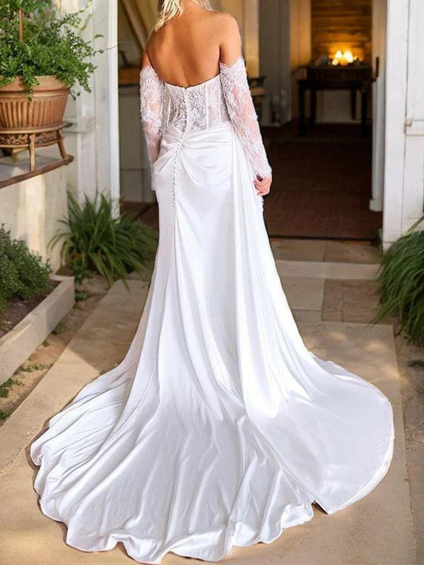 Tight Sweetheart Long sleeved Applique Lace Church Tail Woven Satin Tight Corset Wedding Dress With Slit