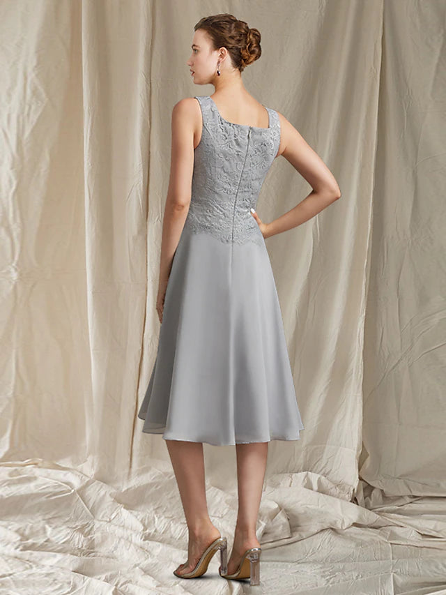 Two Piece A-Line Mother of the Bride Dress Church Elegant Jewel Neck Knee Length Chiffon Lace Sleeveless Wrap Included