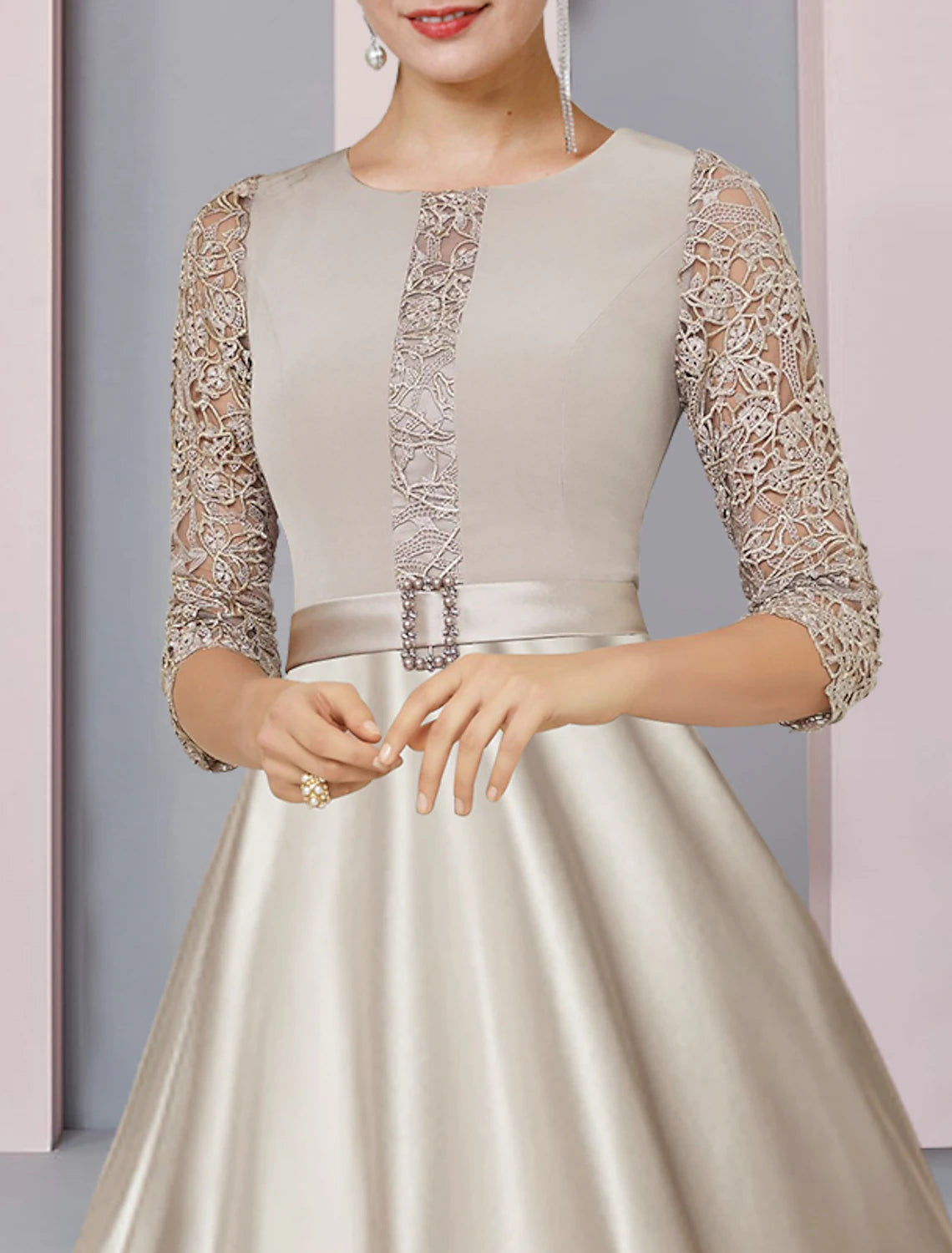 A-Line Mother of the Bride Dress Formal Wedding Guest Party Elegant Scoop Neck Tea Length Satin Lace Half Sleeve with Crystal