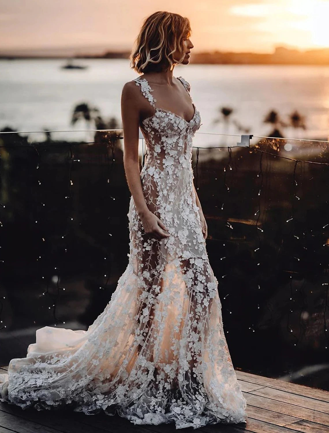 Beach Sexy Boho Wedding Dresses Mermaid / Trumpet Sweetheart Regular Straps Court Train Lace Bridal Gowns
