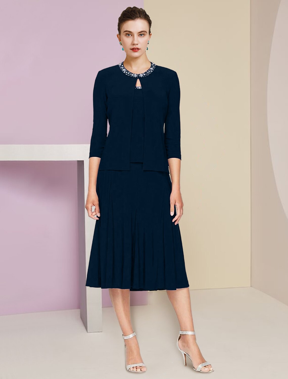 A-Line Mother of the Bride Dress Wedding Guest Elegant Petite Jewel Neck Knee Length Stretch Fabric 3/4 Length Sleeve with Pleats