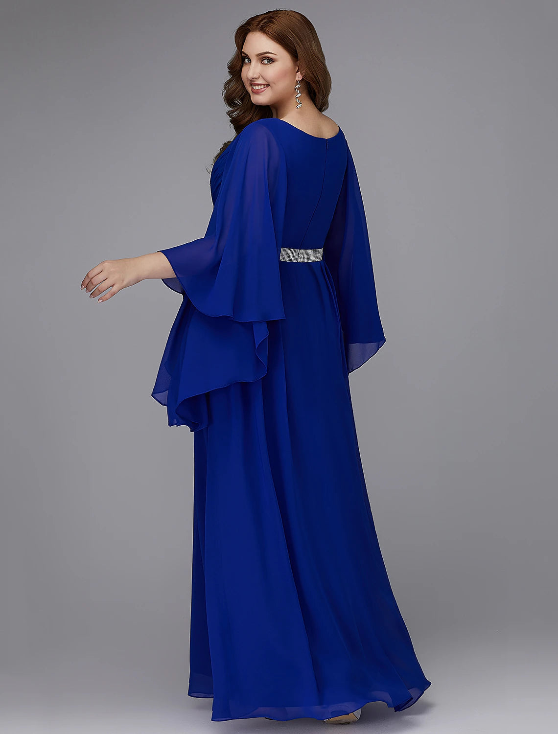 A-Line Plus Size Dress Wedding Guest Formal Evening Floor Length Long Sleeve V Neck Chiffon Lace-up with Crystals