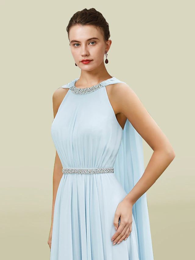 Sheath / Column Mother of the Bride Dress Elegant Jewel Neck Tea Length Chiffon Sleeveless with Pleats Beading Crystal