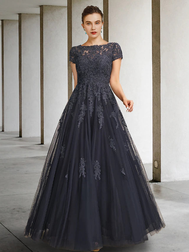 Ball Gown Mother of the Bride Dress Luxurious Elegant Jewel Neck Floor Length Lace Tulle Short Sleeve with Crystals Appliques Ball Gown Mother of the Bride Dress Luxurious Elegant Jewel Neck Floor Length Lace Tulle Short Sleeve