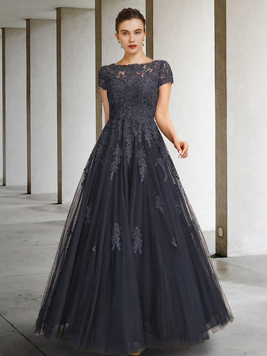 Ball Gown Mother of the Bride Dress Luxurious Elegant Jewel Neck Floor Length Lace Tulle Short Sleeve with Crystals Appliques Ball Gown Mother of the Bride Dress Luxurious Elegant Jewel Neck Floor Length Lace Tulle Short Sleeve
