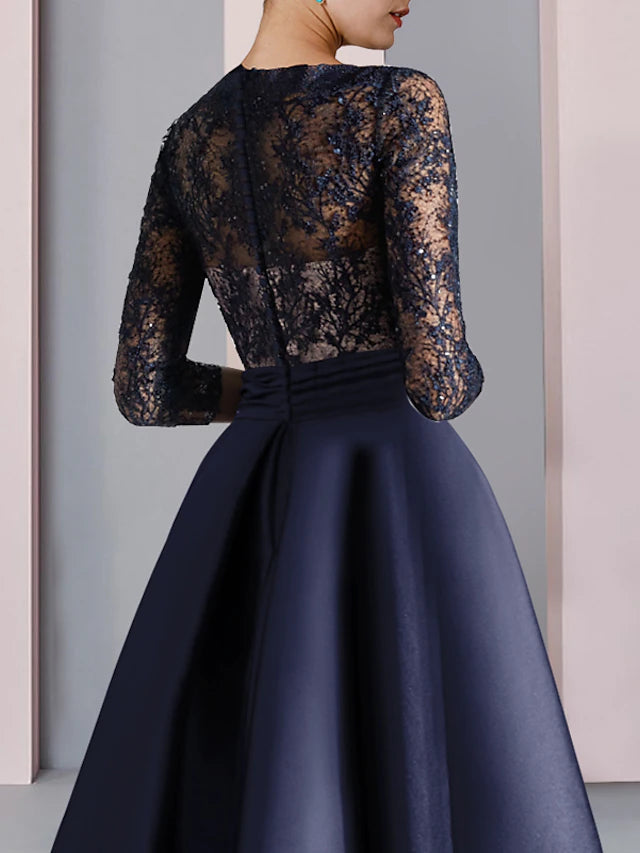 A-Line Mother of the Bride Dress Formal Party Elegant V Neck Floor Length Satin Lace Half Sleeve