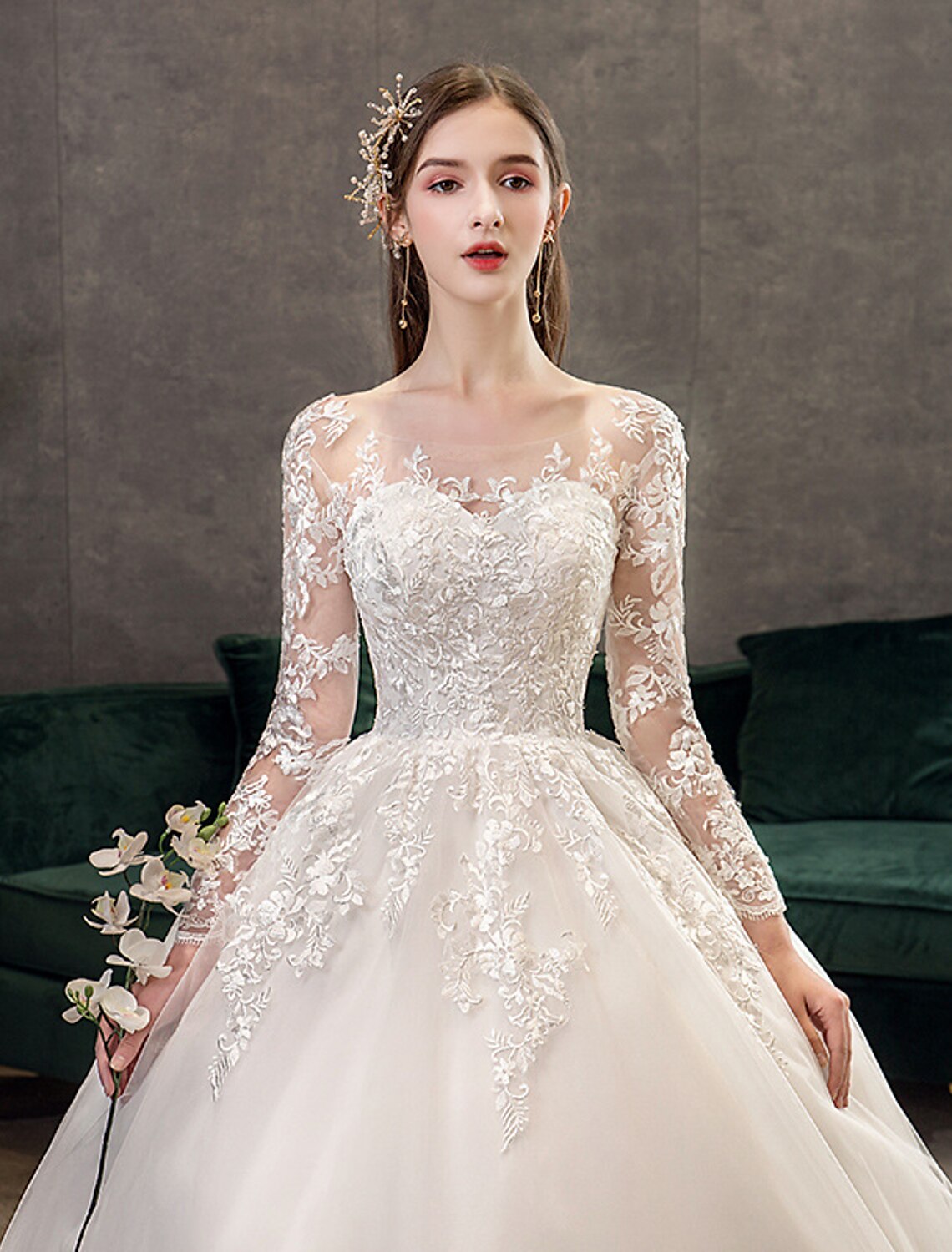 Engagement Formal Fall Wedding Dresses Ball Gown Illusion Neck Long Sleeve Cathedral Train Lace Bridal Gowns
