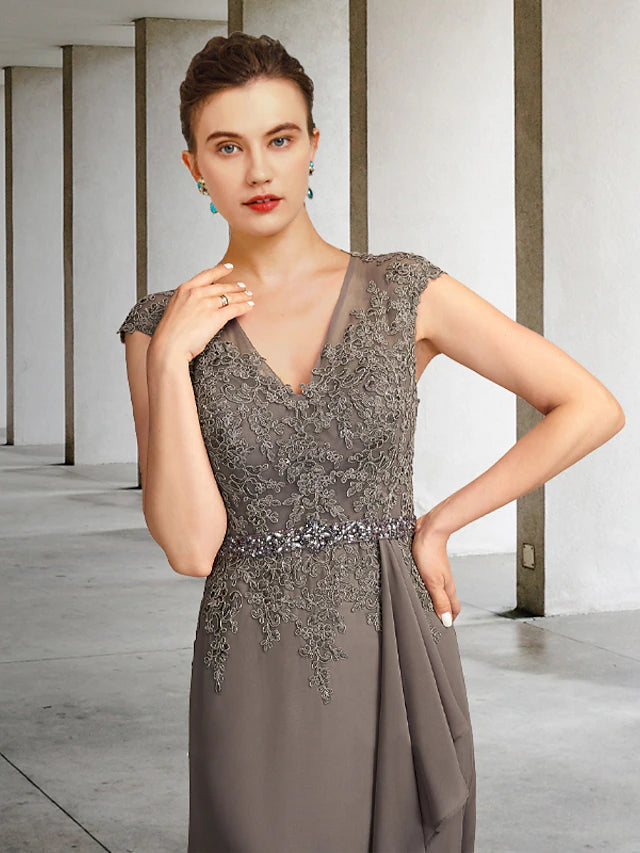 A-Line Mother of the Bride Dress Elegant V Neck Floor Length Chiffon Lace Cap Sleeve with Sash / Ribbon