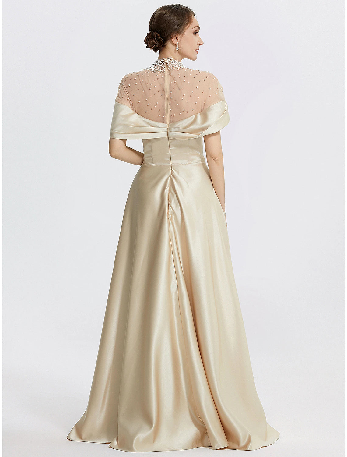 A-Line Evening Gown Elegant Dress Formal Prom Floor Length Sleeveless High Neck Italy Satin with Ruched