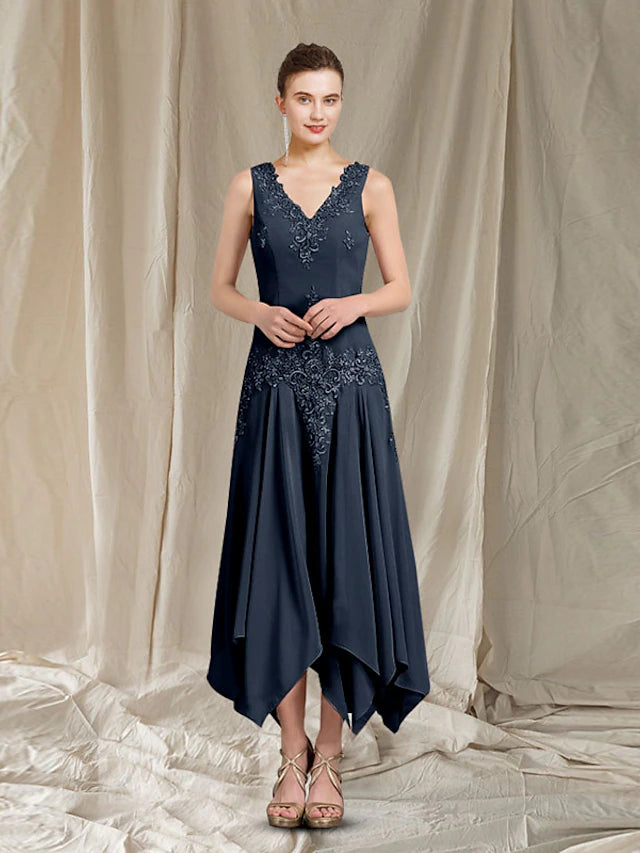 Two Piece A-Line Mother of the Bride Dress Elegant V Neck Ankle Length Chiffon Lace Sleeveless Wrap Included with Pleats