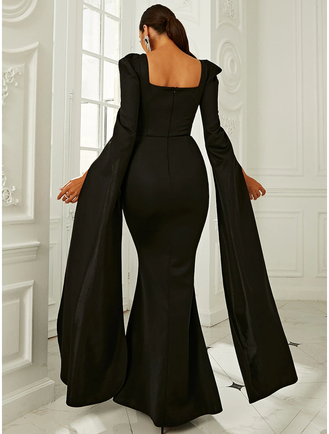 Sheath / Column Evening Gown Elegant Dress Formal Fall Floor Length Long Sleeve Square Neck Stretch Fabric