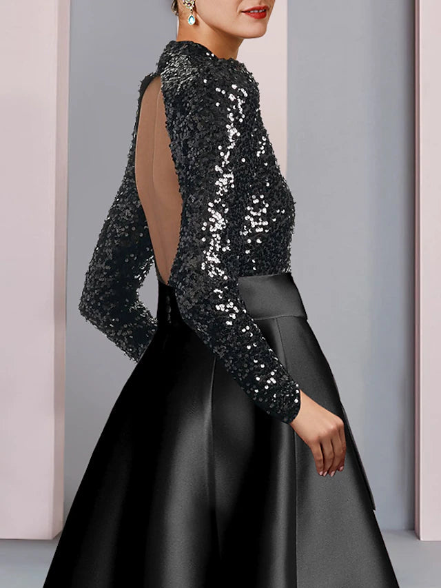 A-Line Mother of the Bride Dress Wedding Guest Elegant Sparkle & Shine High Neck Tea Length Satin Sequined Long Sleeve with Bow(s)
