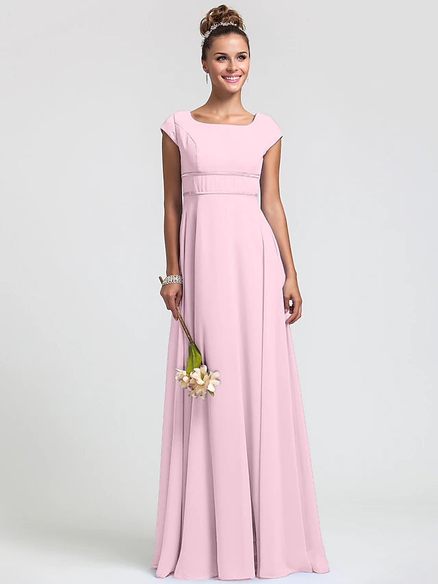 Sheath / Column Bridesmaid Dress Square Neck Short Sleeve Elegant Floor Length Chiffon with Sash / Ribbon