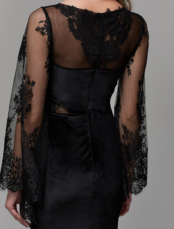 Sheath / Column Elegant Dress Wedding Guest Engagement Floor Length Long Sleeve Illusion Neck Lace with Lace