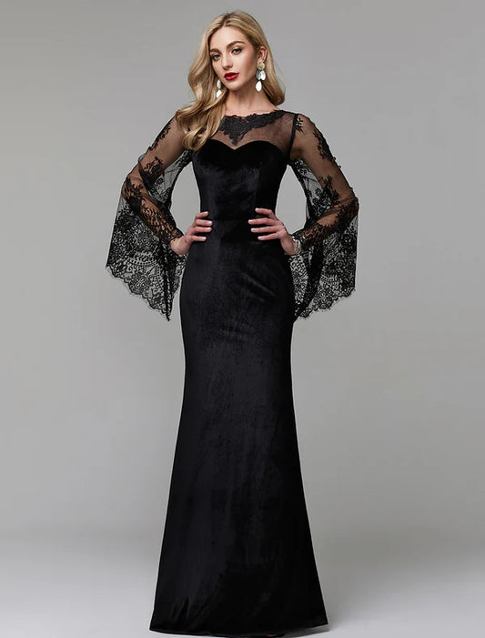 Sheath / Column Elegant Dress Wedding Guest Engagement Floor Length Long Sleeve Illusion Neck Lace with Lace