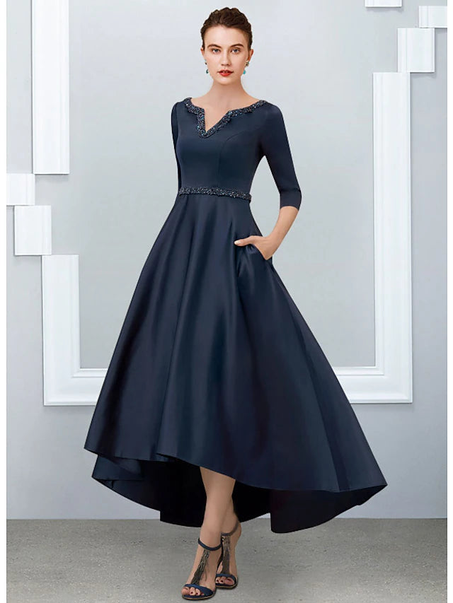 A-Line Mother of the Bride Dress Elegant High Low V Neck Asymmetrical Ankle Length Satin Half Sleeve