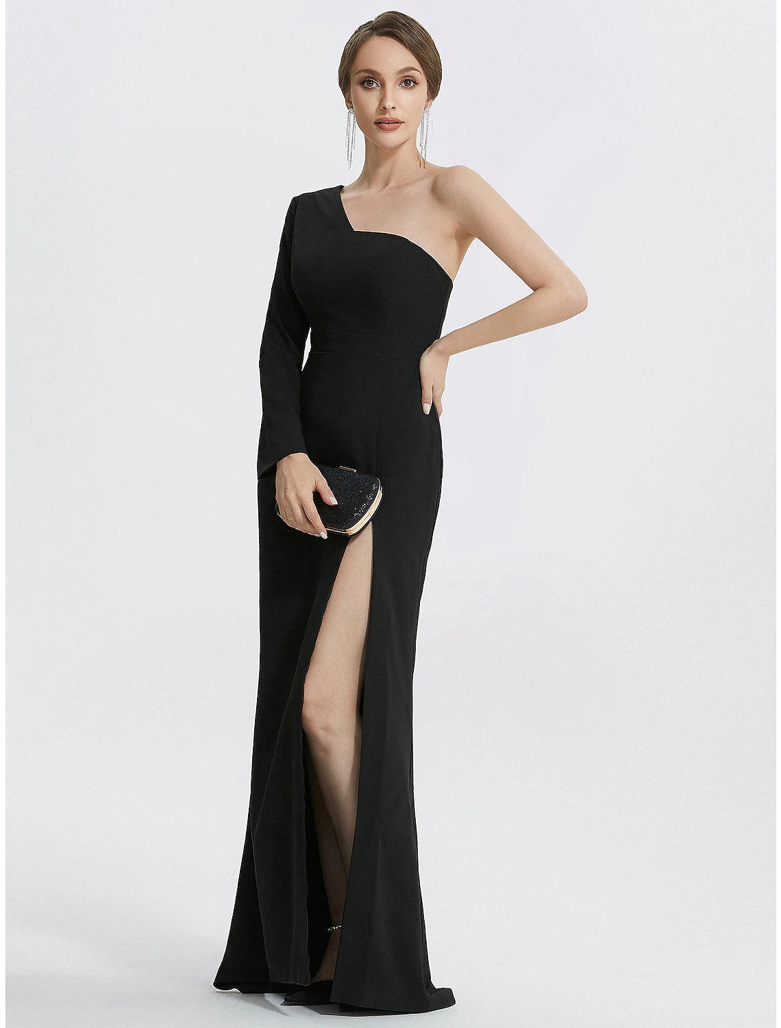 Mermaid Evening Gown Elegant Black Dress Wedding Guest Prom Floor Length Long Sleeve One Shoulder Stretch Fabric