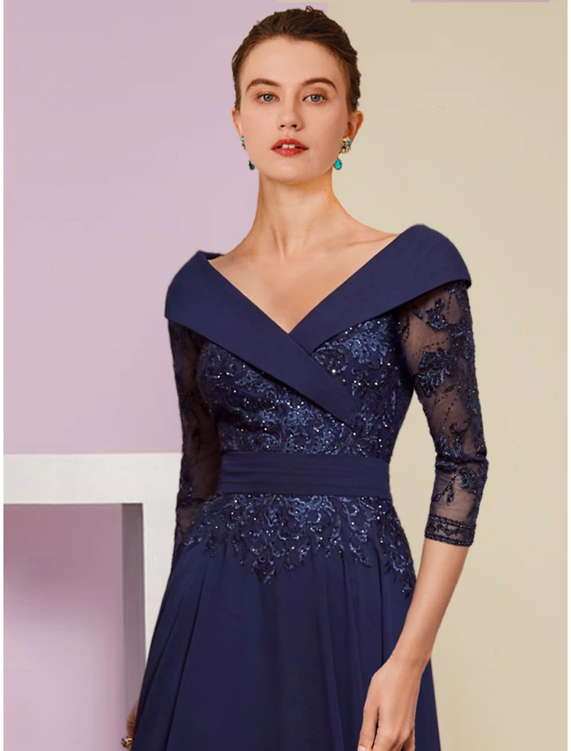 A-Line Mother of the Bride Dress Wedding Guest Elegant V Neck Ankle Length Chiffon 3/4 Length Sleeve with Lace