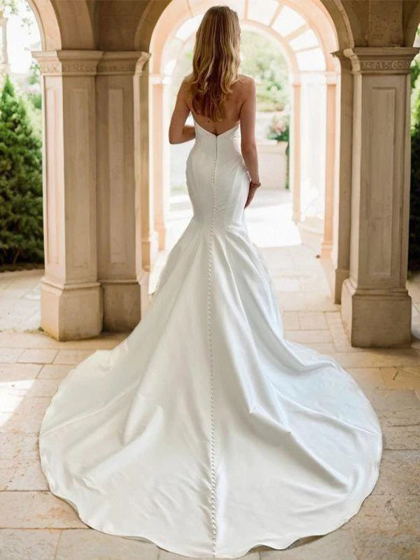 Fish tail straight pleated church tail satin wedding dress Off Shoulder Sexy