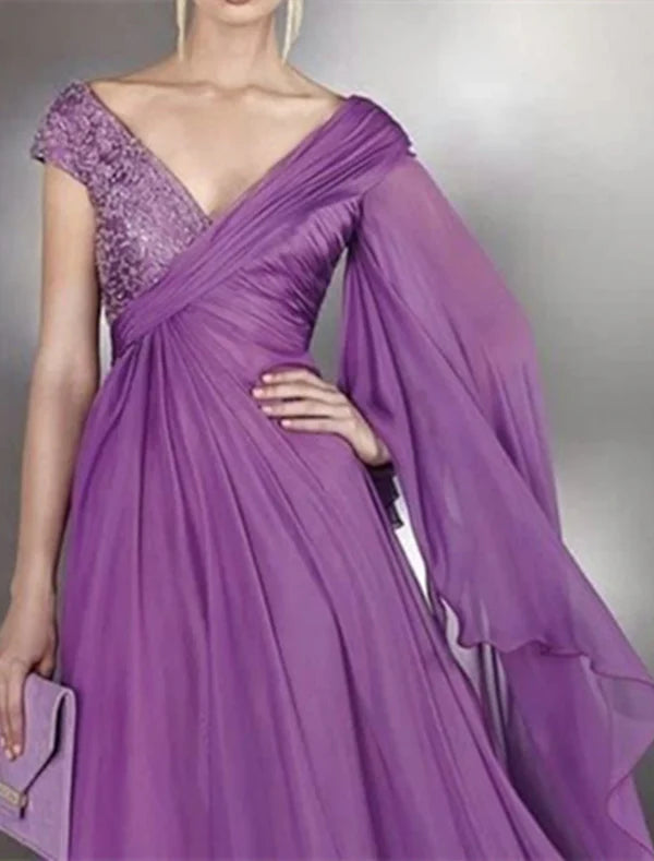 A-Line Wedding Guest Dresses Elegant Dress Wedding Party Black Tie Court Train Sleeveless V Neck Chiffon Evening Dresses