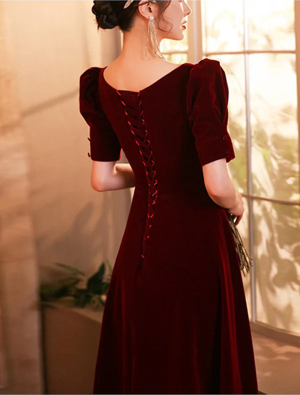 A-Line Cocktail Dresses Elegant Dress Wedding Guest Homecoming Tea Length Half Sleeve Scoop Neck Velvet