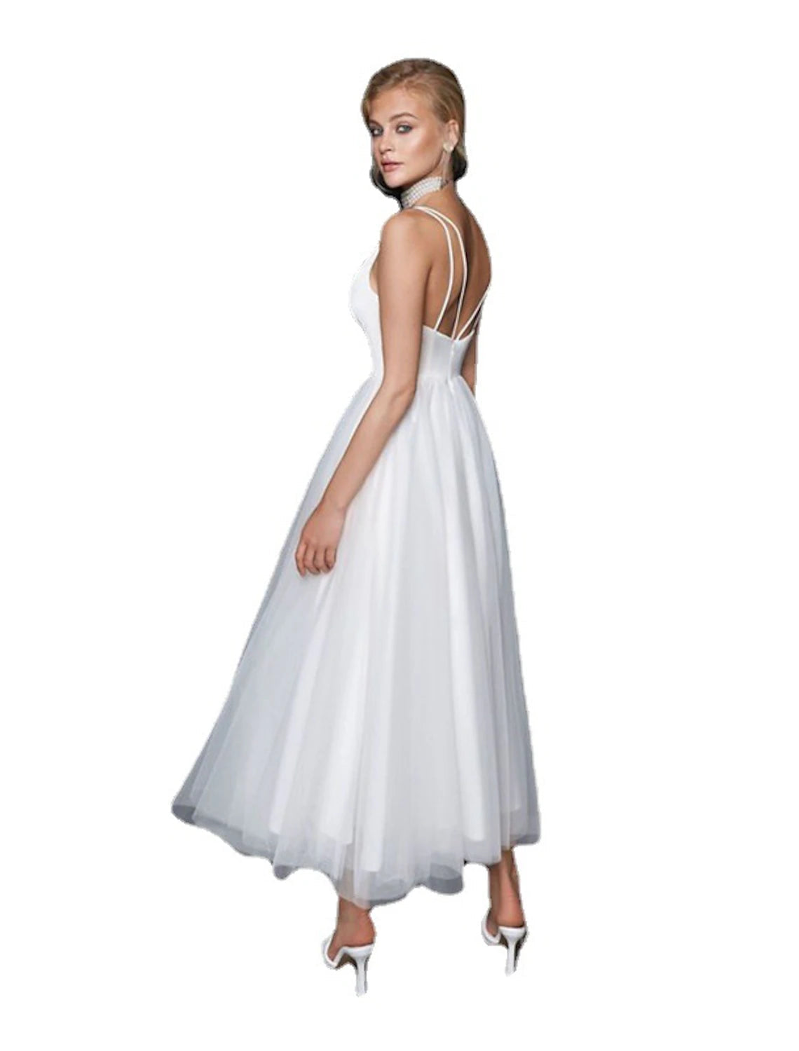 Reception Little White Dresses Casual Wedding Dresses A-Line Camisole V Neck Spaghetti Strap Ankle Length Tulle Bridal Gowns