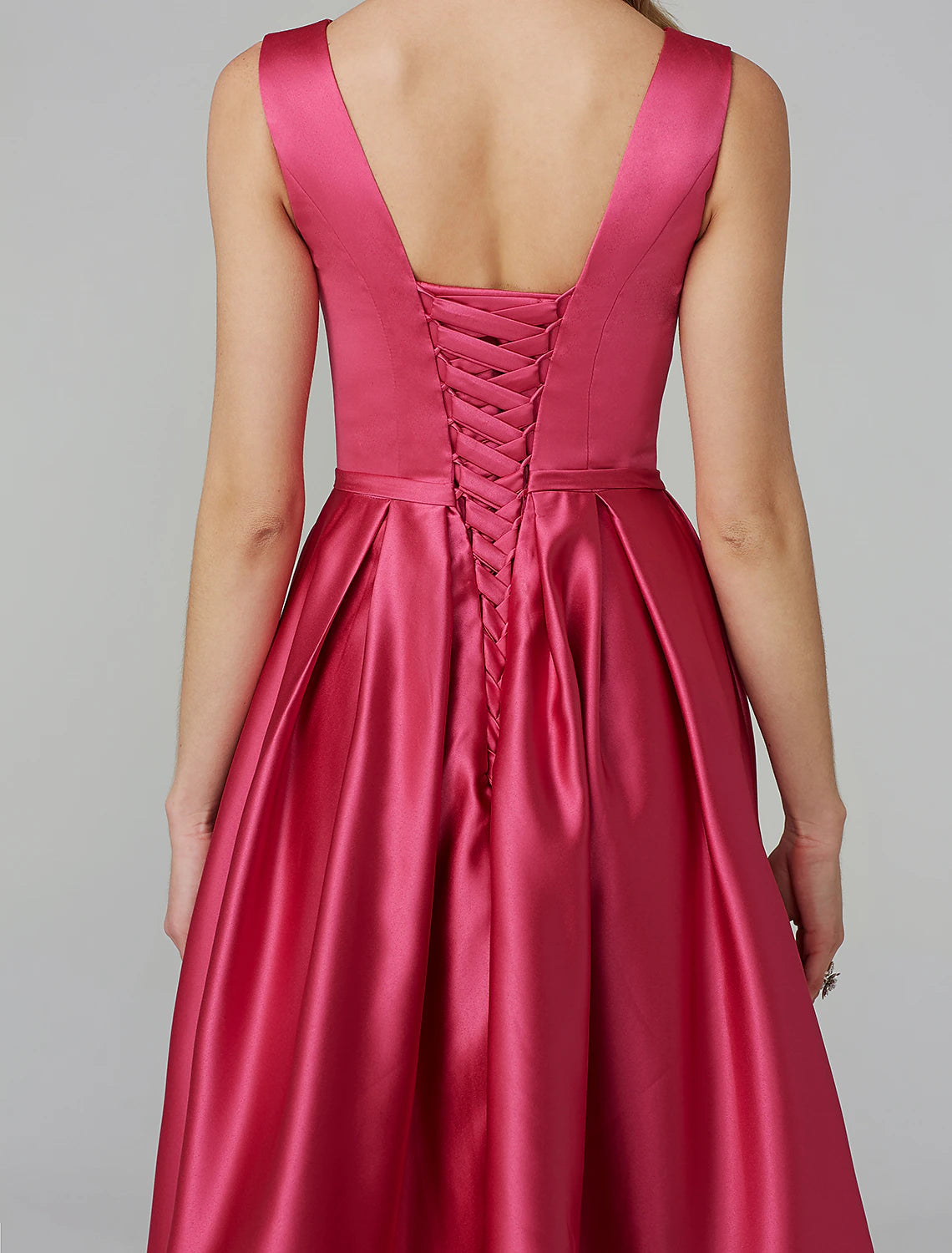 A-Line Party Dress Wedding Guest Knee Length Sleeveless V Wire Barbiecore Satin with Sash