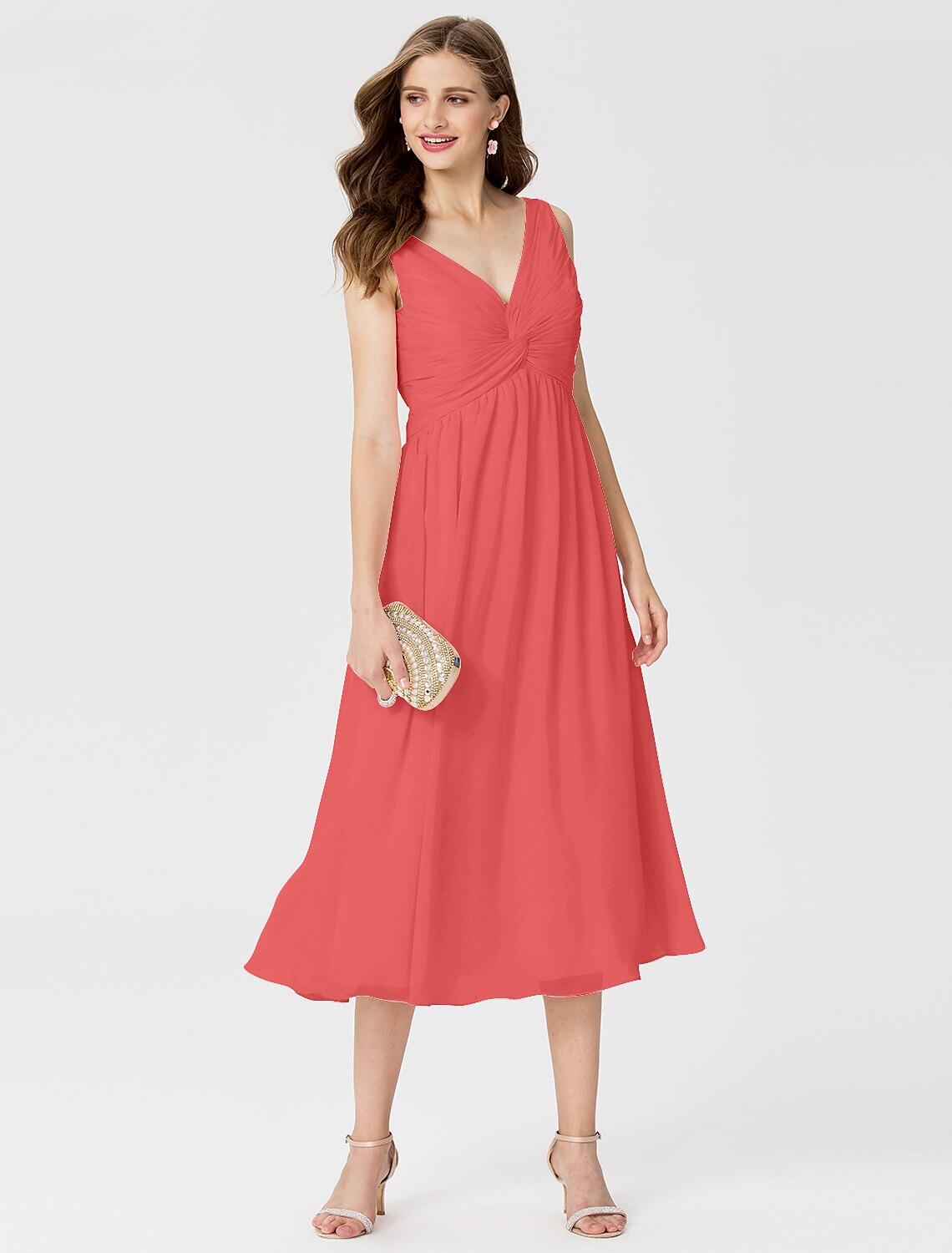 Ball Gown / A-Line V Neck Tea Length Chiffon Bridesmaid Dress with Criss Cross