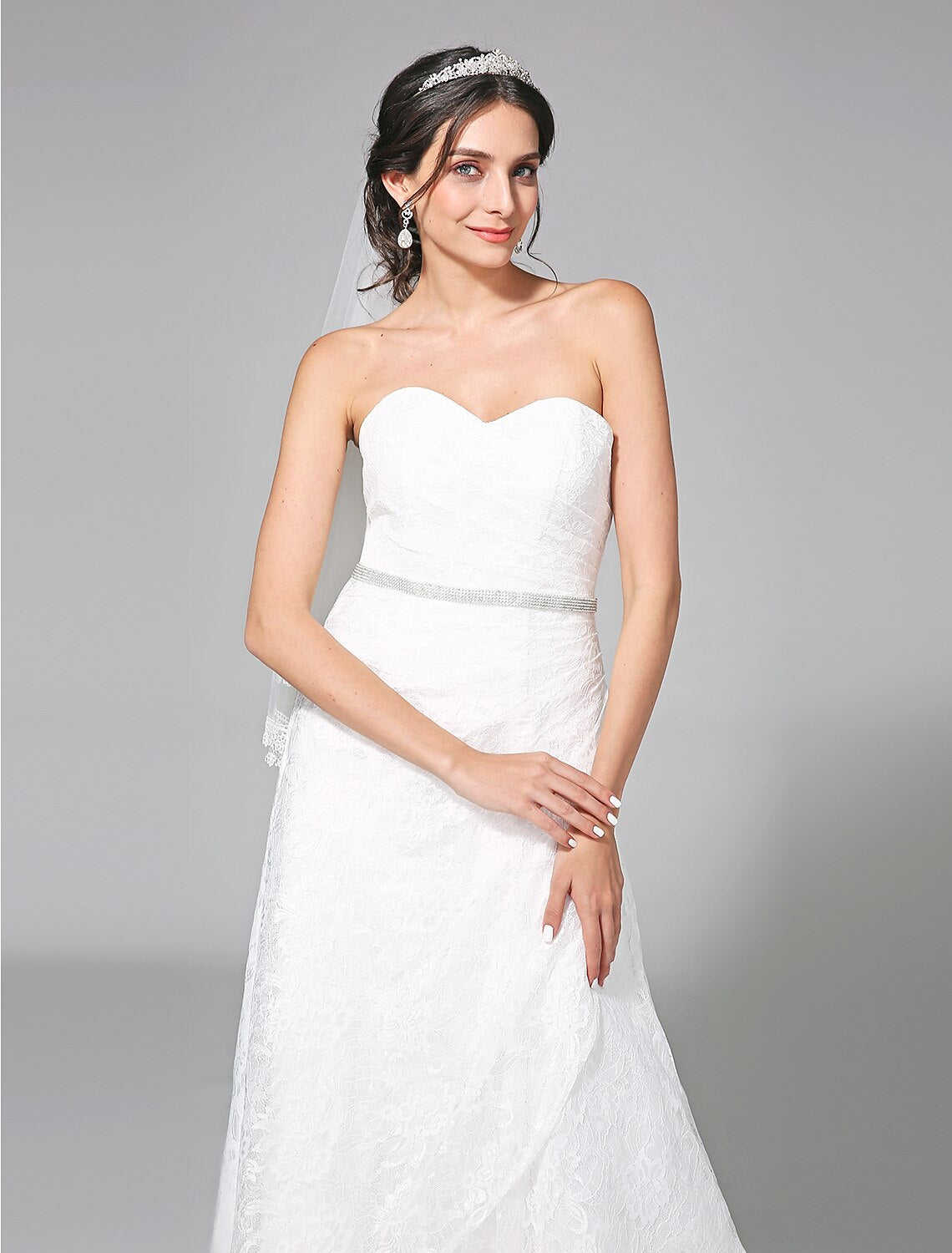Wedding Dresses A-Line Sweetheart Sleeveless Sweep / Brush Train Lace Bridal Gowns With Sash Side-Draped