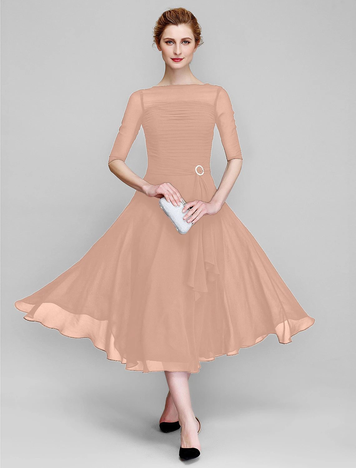 A-Line Mother of the Bride Dress Fall Wedding Guest Dresses Plus Size Elegant Bateau Neck Tea Length Chiffon Half Sleeve