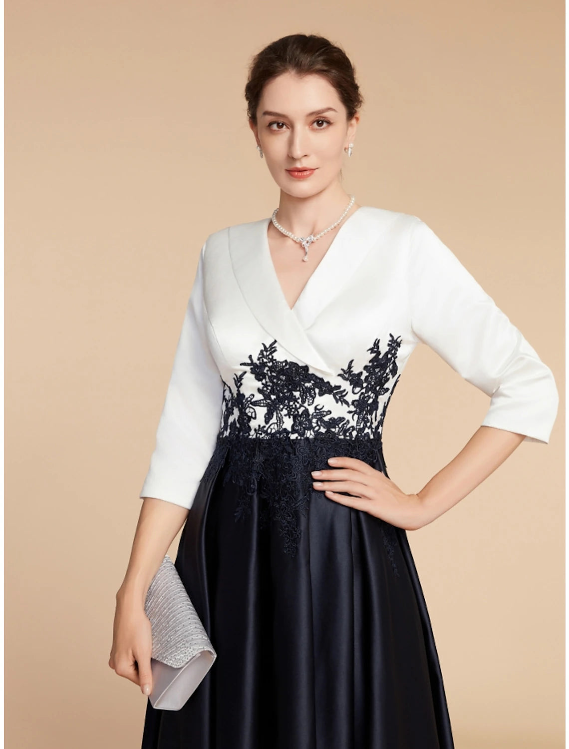 A-Line Mother of the Bride Dress Wedding Guest Elegant Petite V Neck Asymmetrical Satin Lace Half Sleeve