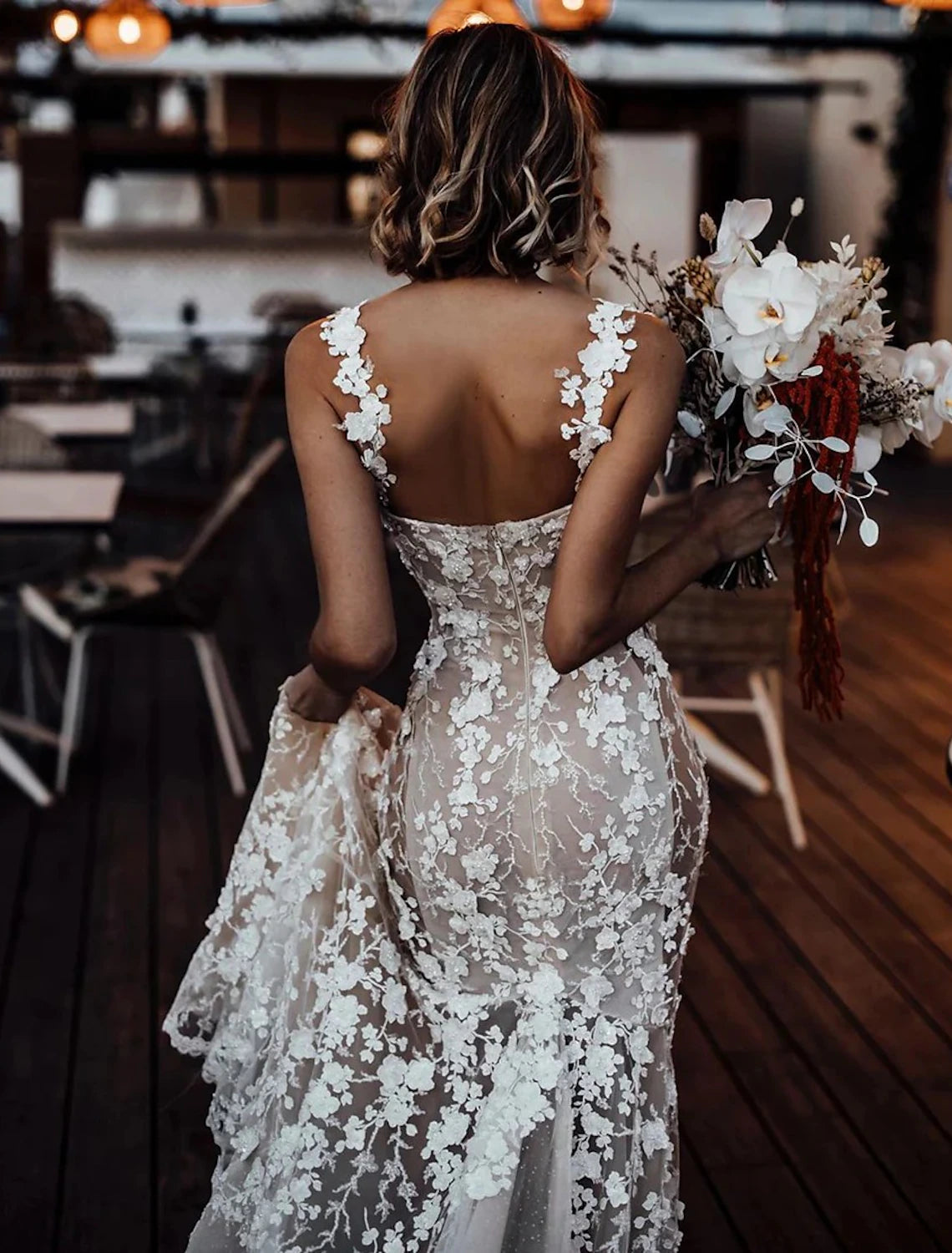 Beach Sexy Boho Wedding Dresses Mermaid Sweetheart Regular Straps Court Train Lace Bridal Gowns With Appliques Summer Fall Wedding Party