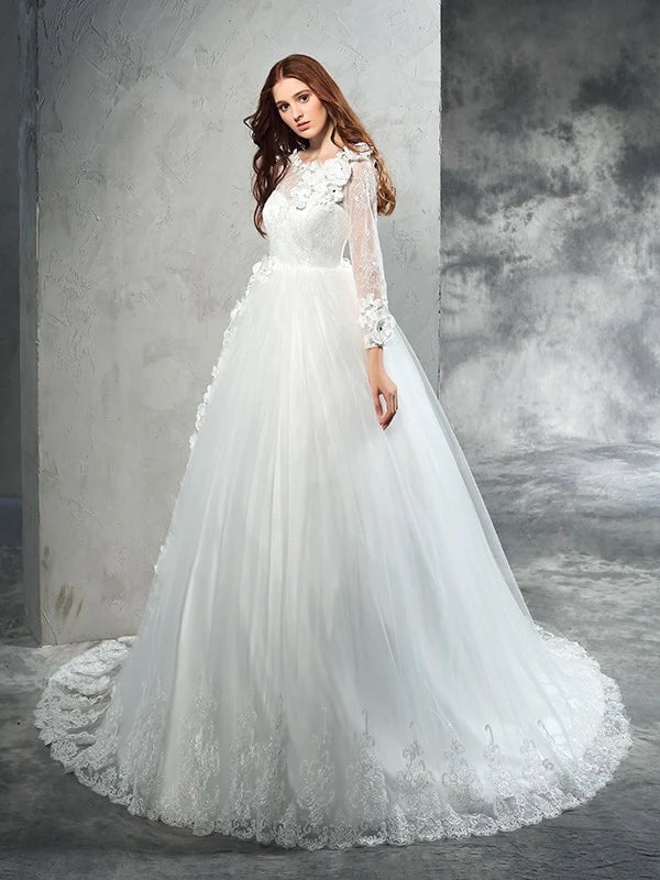 Ball Gown Sheer Neck Hand-Made Flower Long Sleeves Long Net Wedding Dresses With Flowers