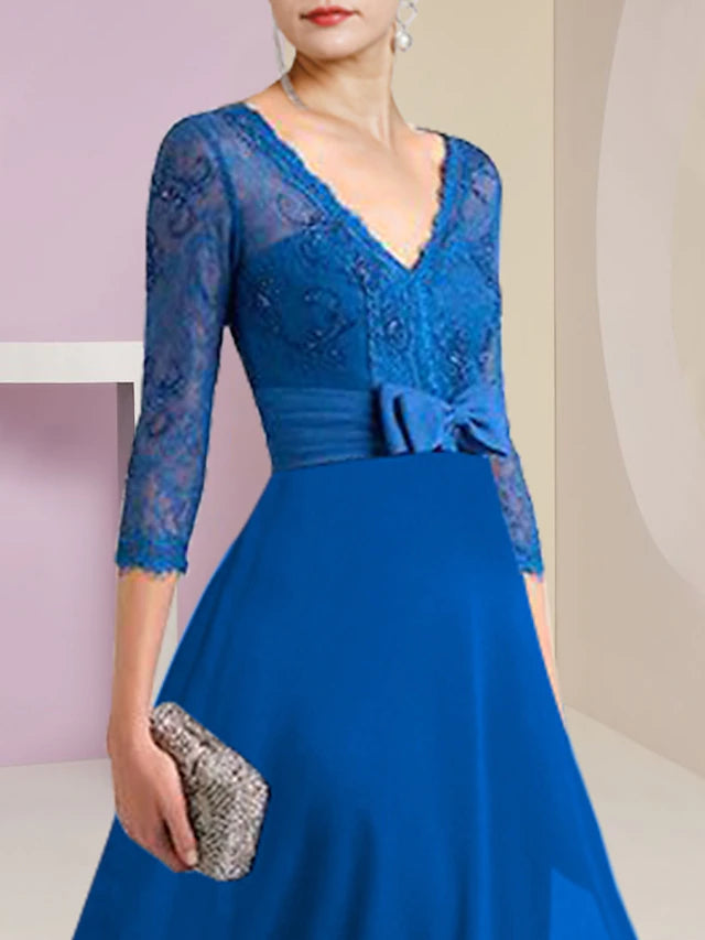 A-Line Mother of the Bride Dress Formal Wedding Guest Elegant High Low V Neck Asymmetrical Tea Length Chiffon Lace 3/4 Length Sleeve