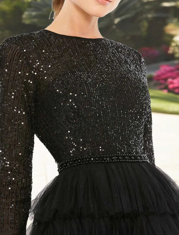 A-Line Cocktail Dresses Elegant Dress Wedding Guest Party Wear Tea Length Long Sleeve Jewel Neck Fall Wedding Guest Tulle with Sequin