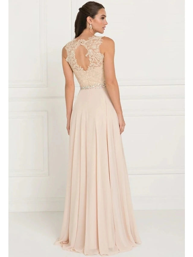 A-Line Bridesmaid Dress Jewel Neck Sleeveless Elegant Sweep / Brush Train Tulle with Lace / Sash