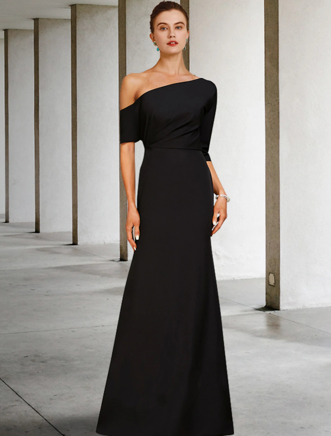 A-Line Mother of the Bride Dress Fall Wedding Guest Vintage Elegant One Shoulder Floor Length Charmeuse 3/4 Length Sleeve