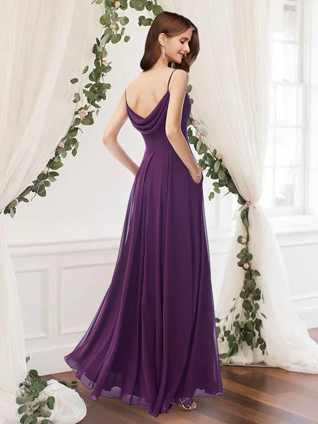 A-Line Bridesmaid Dress V Neck Sleeveless Elegant Floor Length Chiffon with Pleats Pure Color