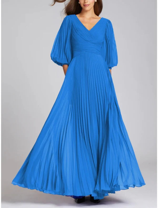 A-Line Evening Gown Elegant Dress Formal Floor Length Half Sleeve V Neck Chiffon with Pleats