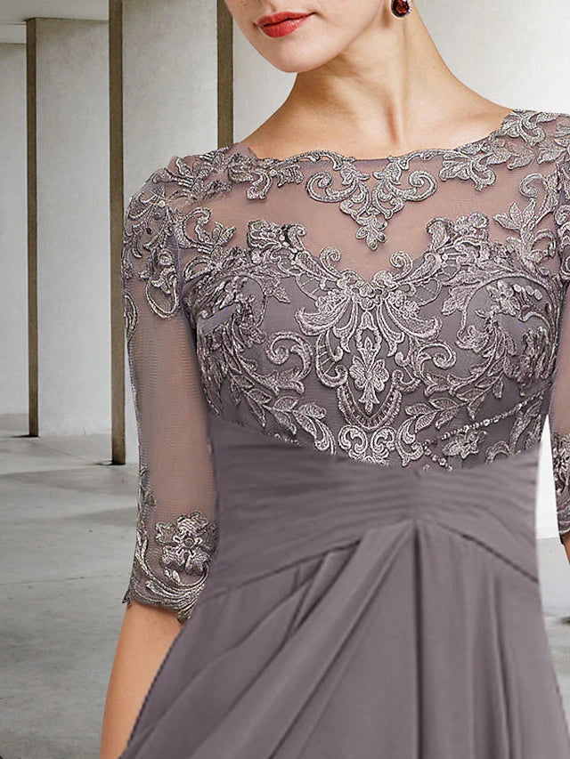 A-Line Mother of the Bride Dress Plus Size Elegant High Low V Neck Asymmetrical Ankle Length Chiffon Lace Half Sleeve